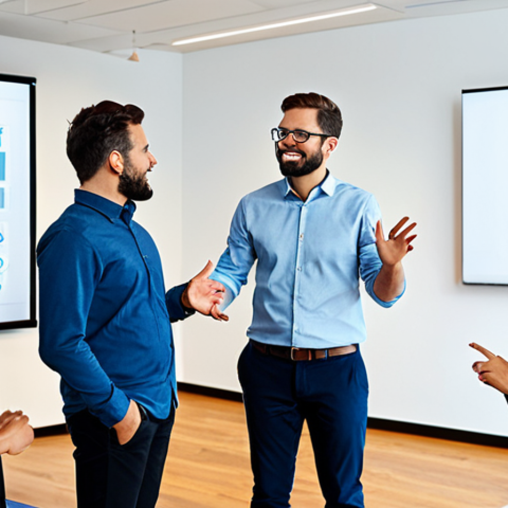 A diverse group of adults, professionally dressed in appropriate, modest clothing, gathered in a modern, well-lit co-working space. They are collaboratively discussing a visual representation of user feedback, with one person gesturing towards an interactive display. The atmosphere is professional and engaged, emphasizing teamwork and shared ideas. Perfect anatomy, correct proportions, natural pose, well-formed hands, proper finger count, natural body proportions, professional photography, high quality, safe for work, appropriate content, fully clothed, professional.
