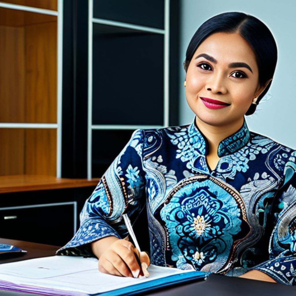 **

A professional Malay businesswoman in a modest batik kebaya, sitting at a desk in a modern office in Kuala Lumpur, fully clothed, appropriate attire, safe for work, perfect anatomy, natural proportions, professional photography, high quality, family-friendly.

**
