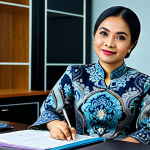 **

A professional Malay businesswoman in a modest batik kebaya, sitting at a desk in a modern office in Kuala Lumpur, fully clothed, appropriate attire, safe for work, perfect anatomy, natural proportions, professional photography, high quality, family-friendly.

**
