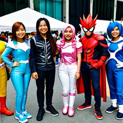 **

A group of diverse, fully clothed Malaysian friends cosplaying as "Reverse: 1999" characters at a vibrant Comic Fiesta event in Kuala Lumpur. The scene is bustling with energy, featuring colorful booths and other cosplayers. They're posing for a photo with big smiles. Safe for work, appropriate content, family-friendly, professional photography, perfect anatomy, natural proportions, modest costumes.

**