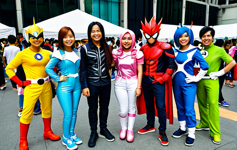 **

A group of diverse, fully clothed Malaysian friends cosplaying as "Reverse: 1999" characters at a vibrant Comic Fiesta event in Kuala Lumpur. The scene is bustling with energy, featuring colorful booths and other cosplayers. They're posing for a photo with big smiles. Safe for work, appropriate content, family-friendly, professional photography, perfect anatomy, natural proportions, modest costumes.

**