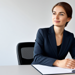 **

A professional businesswoman in a modest business suit, sitting at a desk in a modern office, fully clothed, appropriate attire, safe for work, perfect anatomy, natural proportions, professional photography, high quality.

**