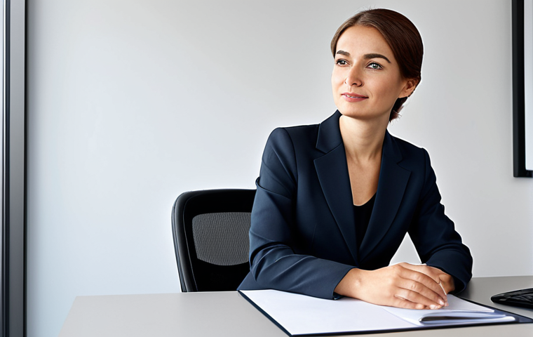 **

A professional businesswoman in a modest business suit, sitting at a desk in a modern office, fully clothed, appropriate attire, safe for work, perfect anatomy, natural proportions, professional photography, high quality.

**