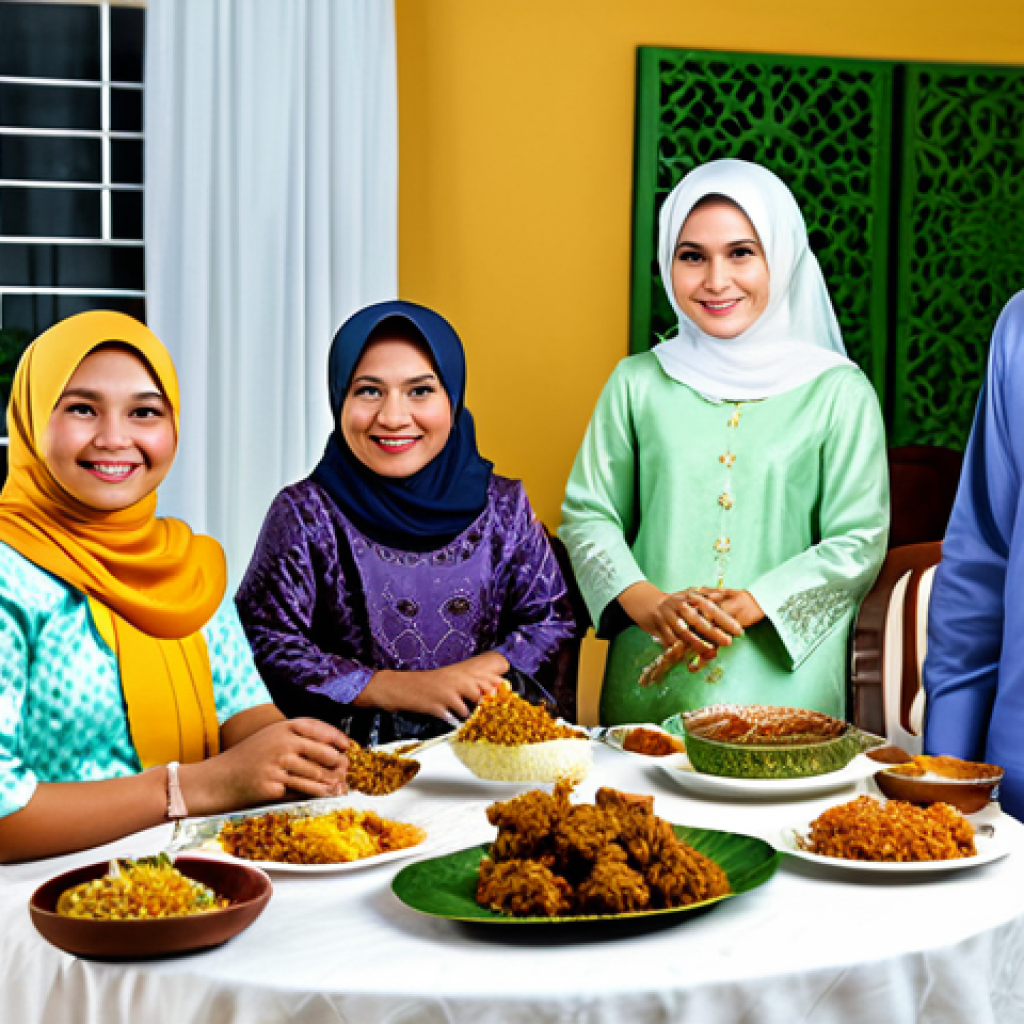 Celebrating Hari Raya Aidilfitri**

"A Malaysian family, fully clothed in traditional Baju Kurung and Baju Melayu, gathered around a table laden with festive food like rendang and ketupat during Hari Raya Aidilfitri, safe for work, appropriate content, modest clothing, professional photography, perfect anatomy, natural proportions, warm lighting, family-friendly."

**