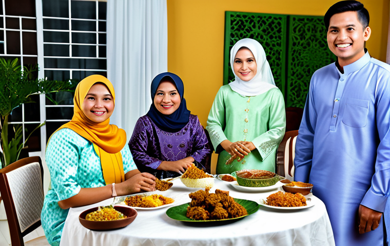 Celebrating Hari Raya Aidilfitri**

"A Malaysian family, fully clothed in traditional Baju Kurung and Baju Melayu, gathered around a table laden with festive food like rendang and ketupat during Hari Raya Aidilfitri, safe for work, appropriate content, modest clothing, professional photography, perfect anatomy, natural proportions, warm lighting, family-friendly."

**