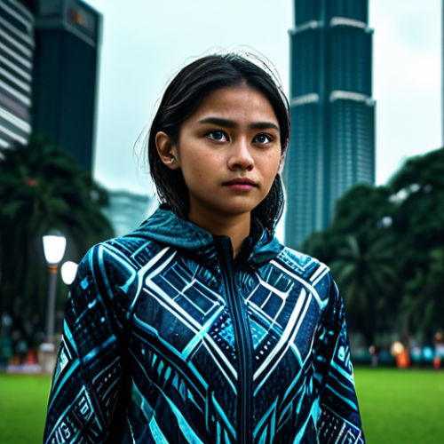 **

"Lilya, the tragic hero, standing amidst the KLCC park in Kuala Lumpur, Malaysia, during a light drizzle. She's wearing a slightly modified version of her in-game attire, adapted for the Malaysian climate - perhaps lighter fabrics and a batik-inspired pattern. In the background, blurry figures are taking photos, hinting at her popularity. The overall mood is melancholic yet determined. High quality, detailed background, cinematic lighting."

**